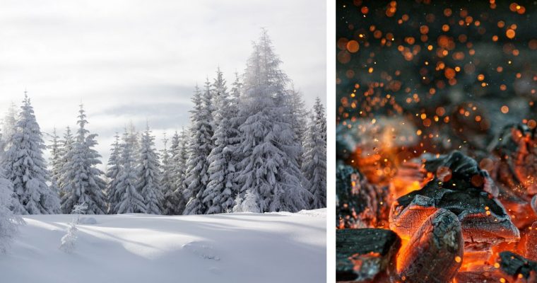 Winter landscape juxtaposed with warm glowing coals