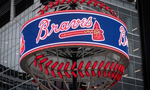 MLB Atlanta Braves' logo on giant light baseball in Atlanta, Georgia