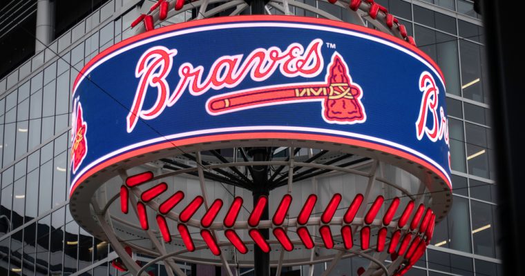 MLB Atlanta Braves' logo on giant light baseball in Atlanta, Georgia