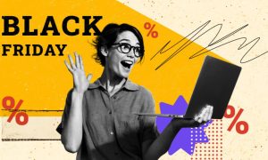 a woman looking shocked at a computer with black friday written behind her