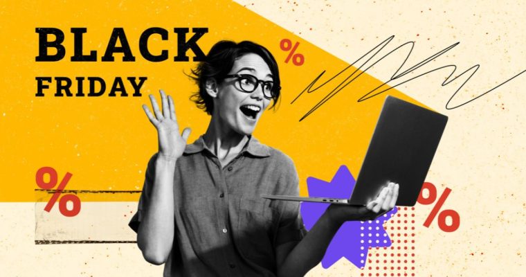 a woman looking shocked at a computer with black friday written behind her