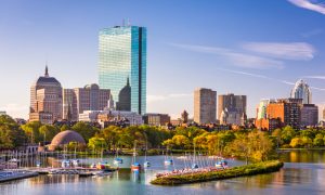 Boston, Massachusetts, USA city skyline on the river