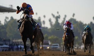 John Velazquez celebrates as he rides Fierceness after winning the Breeders' Cup Juvenile horse race Friday, Nov. 3, 2023 at Santa Anita Park in Arcadia, California