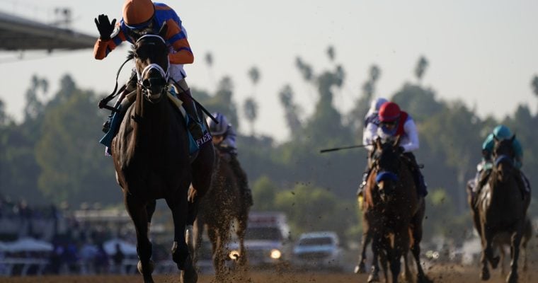 John Velazquez celebrates as he rides Fierceness after winning the Breeders' Cup Juvenile horse race Friday, Nov. 3, 2023 at Santa Anita Park in Arcadia, California