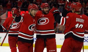 Carolina Hurricanes celebrate a goal against the Montreal Canadiens
