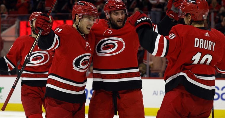 Carolina Hurricanes celebrate a goal against the Montreal Canadiens