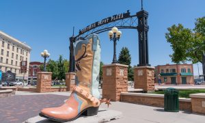 The cowboy boot art sculpture outside Cheyenne Depot Park in downtown Cheyenne, Wyoming