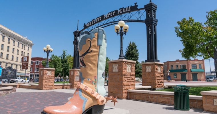 The cowboy boot art sculpture outside Cheyenne Depot Park in downtown Cheyenne, Wyoming