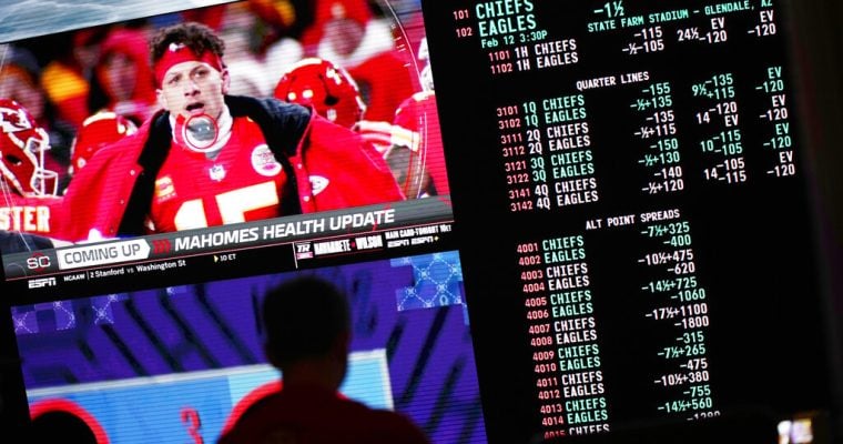Betting odds are displayed for Super Bowl 57 at Circa Sportsbook in Las Vegas