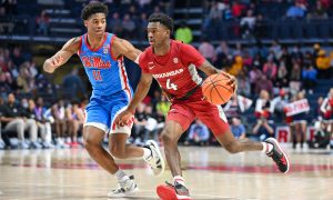 Arkansas bettors could be able to wager on Davonte Davis and the Razorbacks during March Madness (Photo by Kevin Langley/Icon Sportswire)