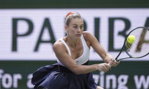 Marta Kostyuk, of Ukraine, plays Anastasia Potapova, of Russia, during a quarterfinal match at the BNP Paribas Open tennis tournament, Thursday, March 14, 2024, in Indian Wells, Calif. (AP Photo/Mark J. Terrill)