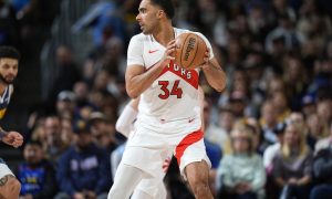 Toronto Raptors player Jontay Porter plays against the Denver Nuggets in March 2024