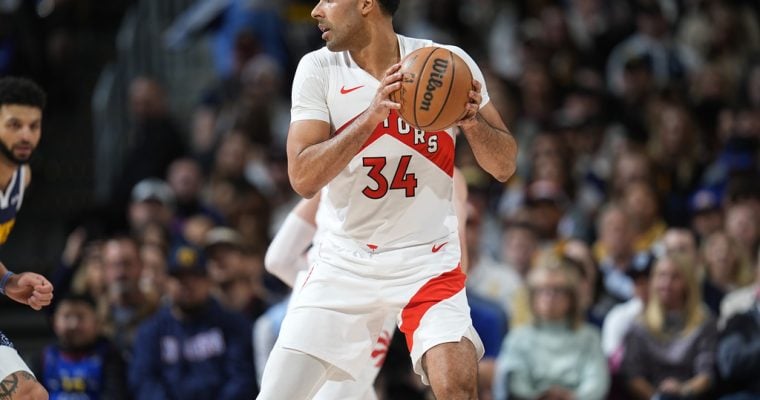 Toronto Raptors player Jontay Porter plays against the Denver Nuggets in March 2024