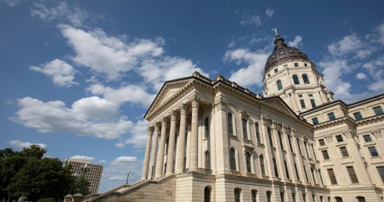 Afternoon view of the historic state capitol building of downtown Topeka, Kansas, USA.