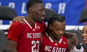 NC State players Mohamed Diarra and DJ Horne after beating Duke in the quarterfinals of the 2024 ACC Tournament