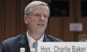 NCAA President Charlie Baker testifies at a Senate Judiciary Committee on college sports in October 2023
