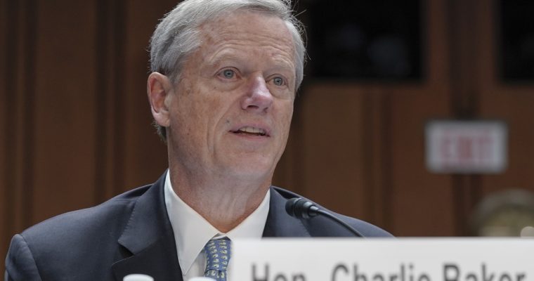 NCAA President Charlie Baker testifies at a Senate Judiciary Committee on college sports in October 2023