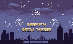 a digitalized photo that reads happy new year with fireworks around it