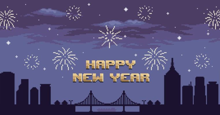 a digitalized photo that reads happy new year with fireworks around it