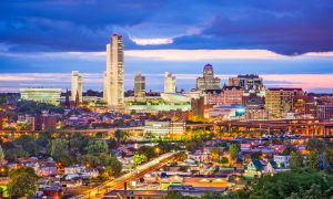 Albany, New York, USA city skyline at twilight.