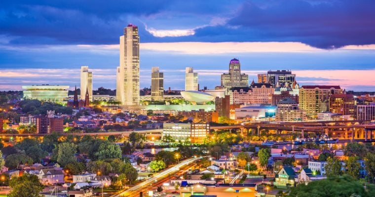 Albany, New York, USA city skyline at twilight.