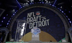 A view of the stage for the 2024 NFL Draft in Detroit, Michigan