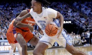 North Carolina forward Armando Bacot plays against Clemson