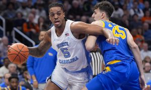 UNC basketball player Armando Bacot plays against Pittsburgh in the 2024 ACC Tournament