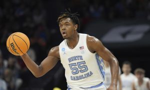 North Carolina basketball forward Harrison Ingram plays against Michigan State in the 2024 NCAA Tournament