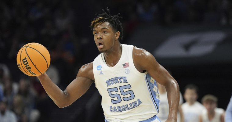 North Carolina basketball forward Harrison Ingram plays against Michigan State in the 2024 NCAA Tournament