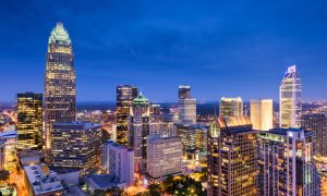 Charlotte, North Carolina, USA uptown skyline at night.
