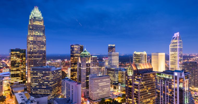 Charlotte, North Carolina, USA uptown skyline at night.