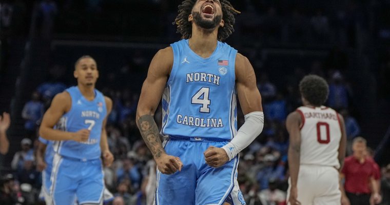 UNC Tar Heels basketball player RJ Davis celebrates against Oklahoma in 2023