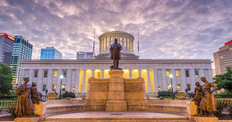 The Ohio Statehouse at dawn in Columbus.