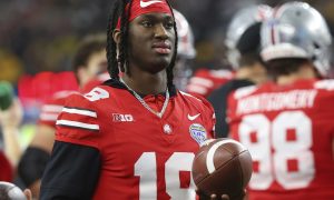 Ohio State Buckeyes wide receiver Marvin Harrison Jr on the sidelines of the 2023 Cotton Bowl