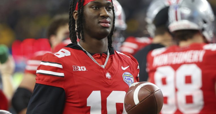 Ohio State Buckeyes wide receiver Marvin Harrison Jr on the sidelines of the 2023 Cotton Bowl