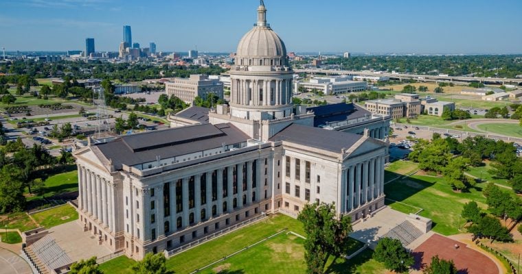 Aerial view of the Oklahoma State Capitol and dowtown cityscape at Oklahoma