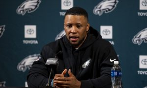 New Philadelphia Eagles running back Saquon Barkley at a press conference.