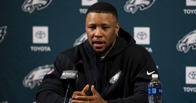 New Philadelphia Eagles running back Saquon Barkley at a press conference.