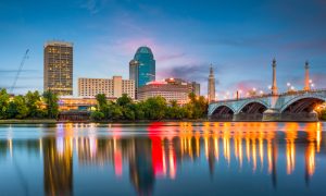 Springfield,,Massachusetts,,Usa,Downtown,Skyline,On,The,River,At,Dusk.