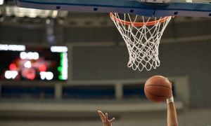 Basketball,Basket,With,A,White,Mesh,And,Orange,Ring,Is