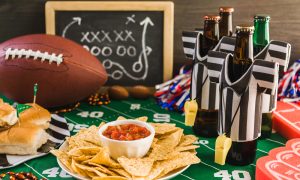 Game,Day,Football,Party,Table,With,Beer,,Chips,And,Salsa.