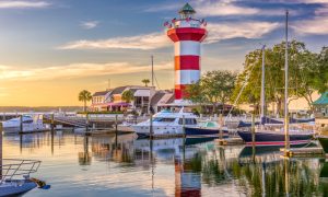 Hilton,Head,,South,Carolina,,Lighthouse,At,Dusk.