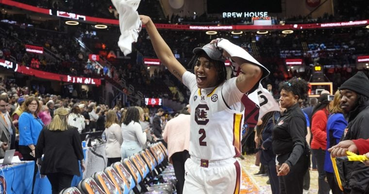 South Carolina player Ashlyn Watkins celebrates after beating Iowa in the 2024 Women's Basketball National Championship