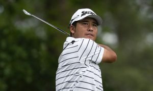 Hideki Matsuyama plays in the second round of the Masters tournament in 2023.