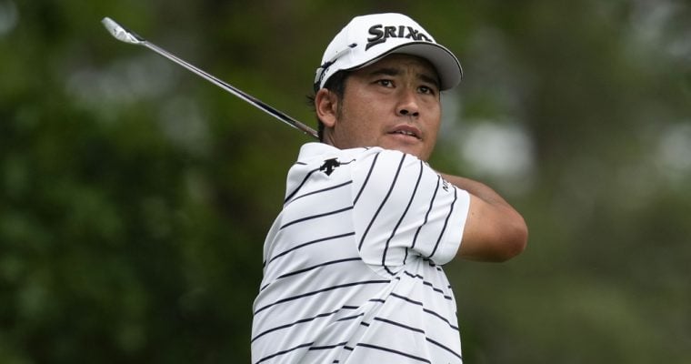 Hideki Matsuyama plays in the second round of the Masters tournament in 2023.