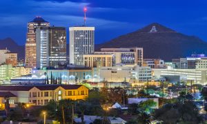 Nighttime downtown skyline view of Tucson, Arizona