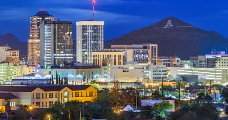 Nighttime downtown skyline view of Tucson, Arizona