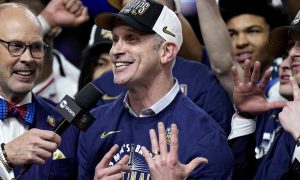 UConn head coach Dan Hurley celebrates after winning the 2024 NCAA Men's Basketball Championship
