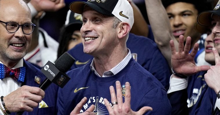 UConn head coach Dan Hurley celebrates after winning the 2024 NCAA Men's Basketball Championship